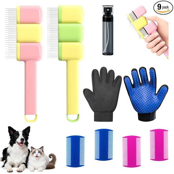 9 PCS Pet Grooming Brush Set,Self Cleaning Pet Hair Removal Comb,Pet Hair Remover Gloves,Spray Bottle, Lice Flea Combs, Pet Grooming Supplies,Essential Bathing,Brushing & Shedding Tool for Cats & Dogs