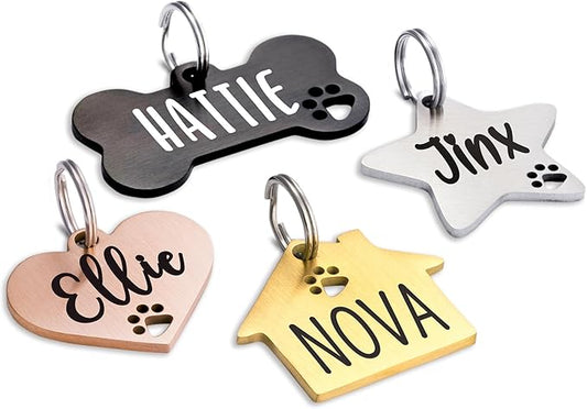 Ultra Joys Dog Tags Personalized for Pets - Hollow Paw Custom Pet ID Tag - Engraved Dog Tag for Small, Large Dogs - Small House in Gold