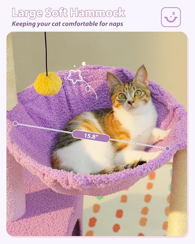 Purple Flower Cat Tree for Small Indoor Cats w/Large Metal Frame Hammock, 35" Cute Cat Tower with Sisal Scratching Posts, Cozy Condo with Cloud White Bed for Kittens