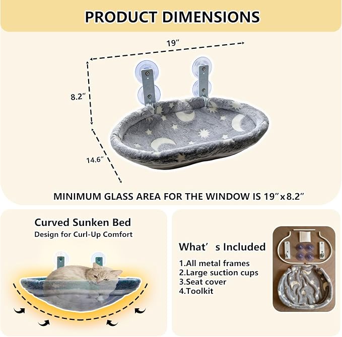 Cat Window Perch Hammock - Glow in the Dark Cordless Foldable Pet Bed with Sturdy Metal Frame & Strong Suction Cups, Star Print Resting Seat for Indoor Cats with Removable Washable Cover