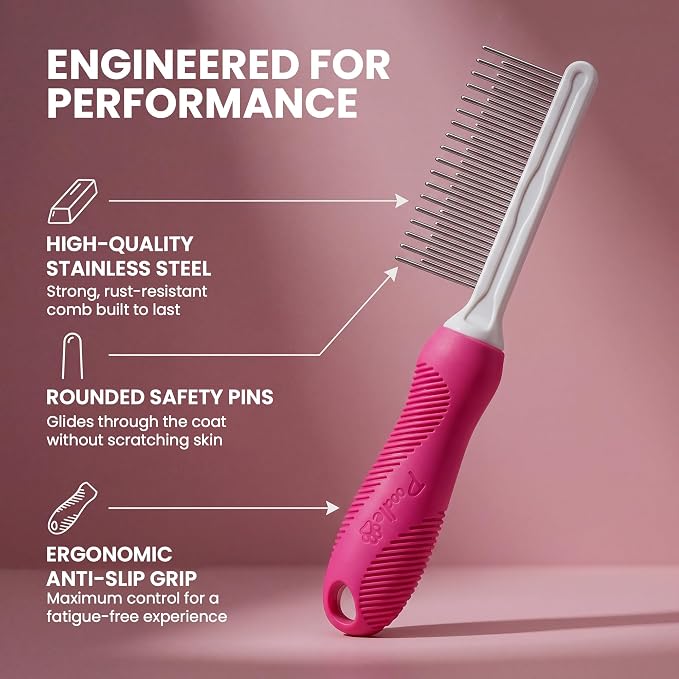 Poodle Pet Detangling Pet Comb with Long & Short Stainless Steel Teeth for Removing Matted Fur, Knots & Tangles – Detangler Tool Accessories for Safe & Gentle DIY Dog & Cat Grooming (Pink)
