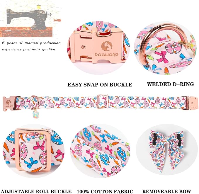DOGWONG Pink Easer Dog Collar with Sailor Bow,Easter Egg Dog Collar, Adjustable Durable Soft Easter Carrot Dog Collars for Male Female Puppy,XL