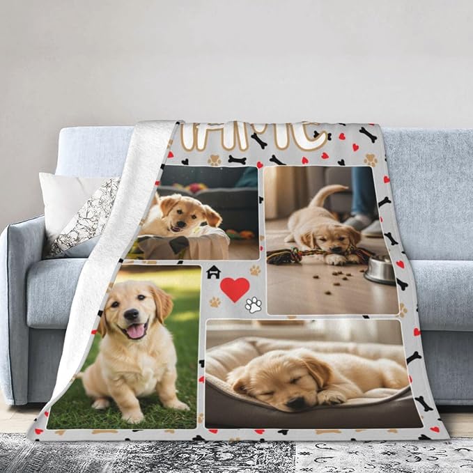 Nxwdwqa Personalized Dog Blanket Throws with Photos, Custom Pet Name Blanket, Dog Gifts for Pet Lovers, Customized Puppy Blanket for Adult Kid Birthday Christmas Fathers Mothers Valentines Gift
