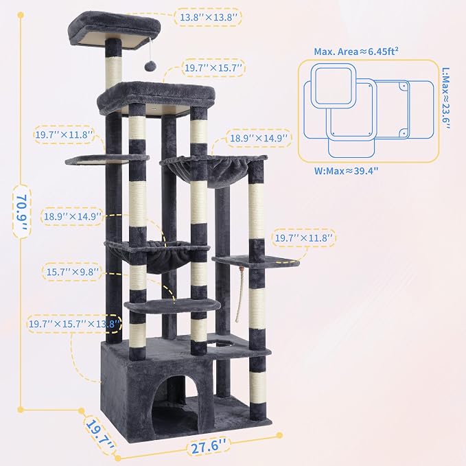 Heybly Cat Tree, 71-Inch Tall Cat Tower for Large Maine Coon Cats HCT037G | Cat Condo Furniture with Extra-Large Baseboard, Multi-Level Platforms, 2 Hammocks and 12 Scratching Posts, Smoky Gray