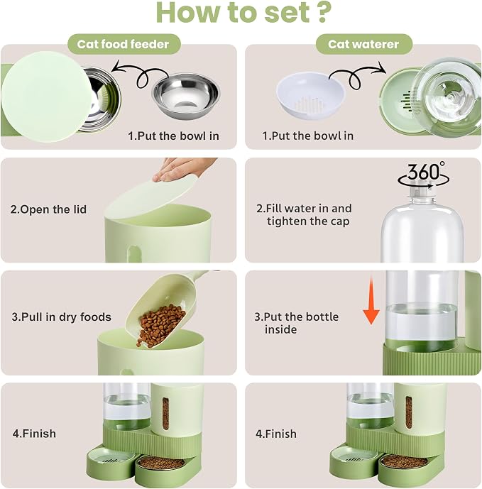 Automatic Dog Cat Water Dispenser Gravity Feeder and Water Dispenser Stainless Steel 2-in-1 Set Large Capacity Dispenser for Pets Dogs, Puppies, Kittens（Green）