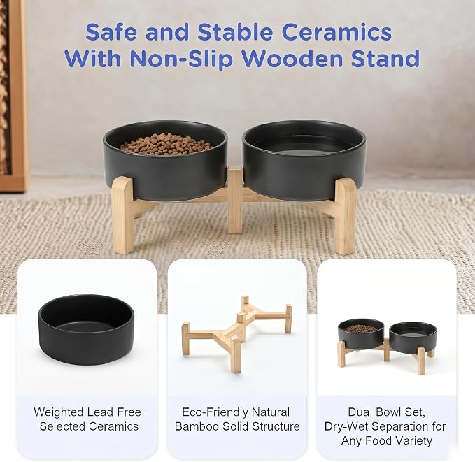SPUNKYJUNKY Elevated Dog Bowls Ceramic, 5.1'' Dogs and Cat Food Water Bowls Raised with Non-Slip Bamboo Stand for Puppy Small Sized Breed Microwave Dishwasher Safe - 13.5 OZ,Black