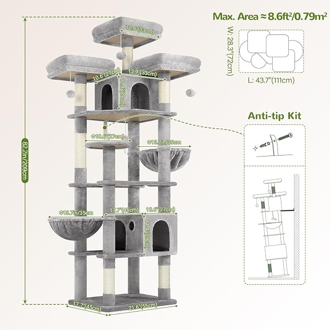 Globlazer Cat Tree Tower for Multiple Adult Cats, 82in, F82, Light Grey | XXL Tall Cat Tree Tower for Indoor Cats with Scratching Post, 3 Perches, 2 Condos, 2 Hanging Baskets