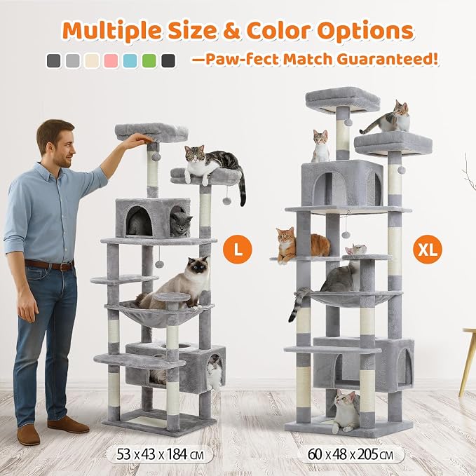 PAWZ Road XXL 81" Cat Tree Large Cats with Big Condos,Perches Sisal Posts | 20"x16" hammock for adult cats, tall cat tower with 7 scratching posts, dual perch and large condo for big maine cats
