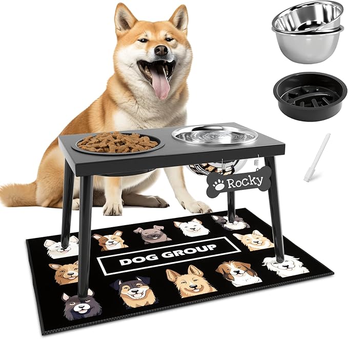 ADENGL Metal Raised Dog Bowl Stand for Large and Medium Dogs, Elevated Dog Bowls with Sprill Proof Mat ＆ Slow Feeder, Pet Food Bowls 10" Tall Dogs Feeder (58OZ-Stainless Steel Pet Bowl, Mat-16x24in)