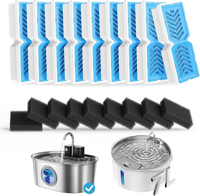 PEKTACO Replacement Water Fountain Filters, Fits 412/418, 3.2L & 7L, 9 Pack | Includes pre-filter sponges, helps trap hair and debris, supports cleaner water flow and routine fountain maintenance