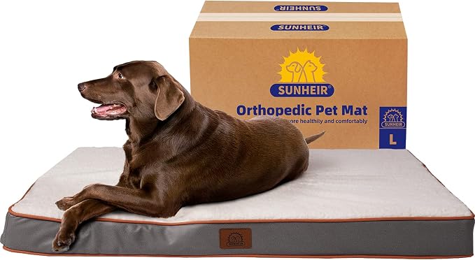 Sunheir Orthopedic Dog Beds Large Sized Dog, Big Waterproof Dog Crate Pad | Removable Washable Cover, Egg Crate Foam Support, Anti-Slip Bottom, Soft Plush Large Pet Bed Mat for Crate, Light Grey
