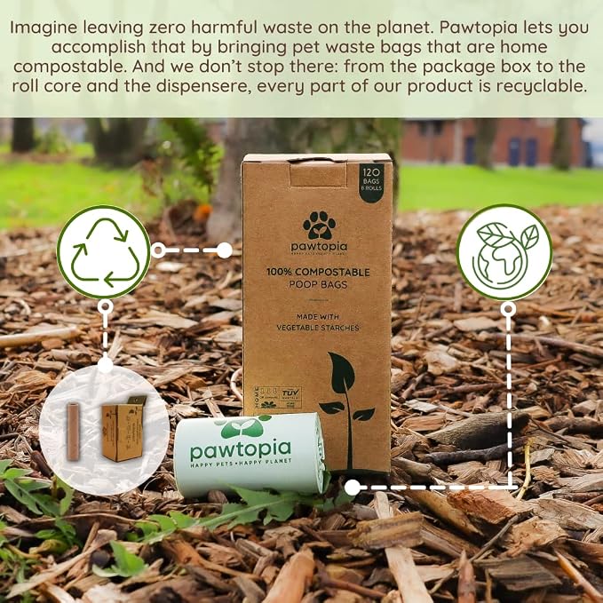 Pawtria Certified Home Compostable Dog Poop Bags (120) + Paper Dispenser, Poop Bags for Dogs, Cat Litter, Vegetable Starches, Dog Waste Bags, Leakproof, Easy to Open, Give Back