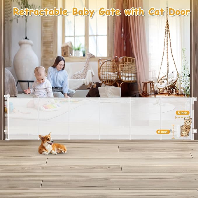 Reinforced 150” Extra Wide Pet Gate with Door 33 Inch Tall Retractable Dog Gates for Doorways Extra Wide Baby Gates for Large Openings with Reinforced Strips 12.5ft Large Dog Gate with Cat Door, White