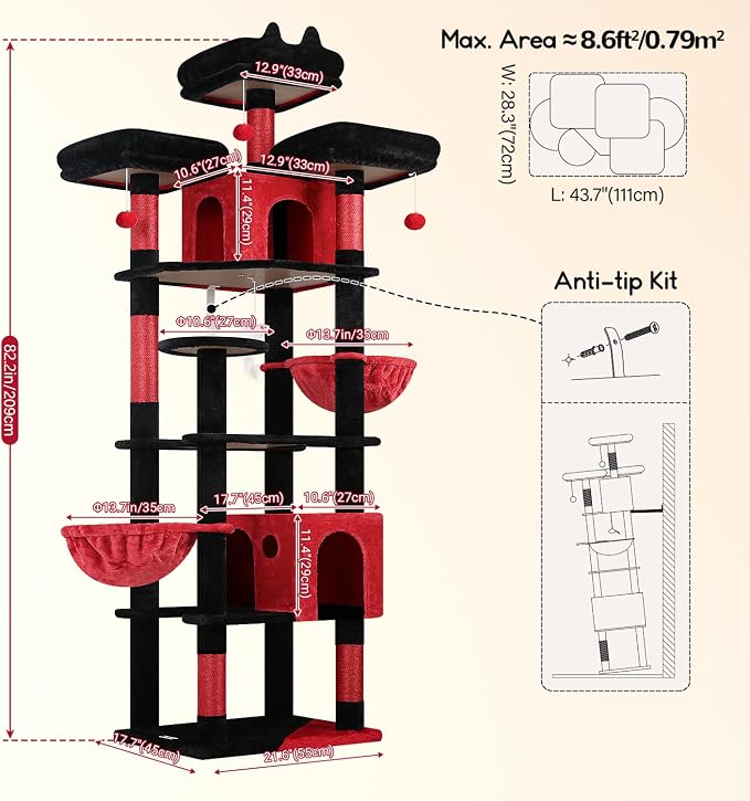 Globlazer Gothic Cat Tree Tower for Multiple Adult Cats, 82in, F82, Goth | XXL Tall Cat Tree Tower for Indoor Cats with Scratching Post, 3 Perches, 2 Condos, 2 Hanging Baskets