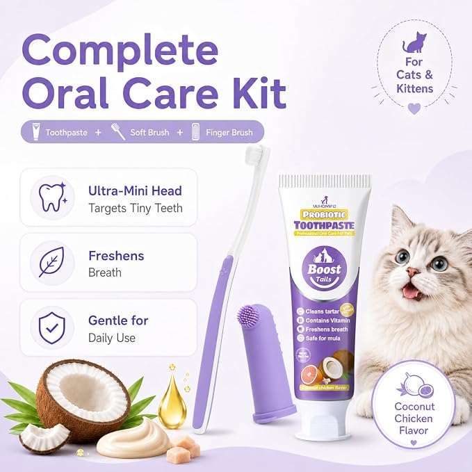 Cat Toothbrush & Toothpaste Kit, Soft & Finger Brushes, 2.5oz | Tiny Teeth Care. Finger-Fit Control. Coconut Chicken Flavor. Easy Brushing for Cats & Kittens. Daily Use.