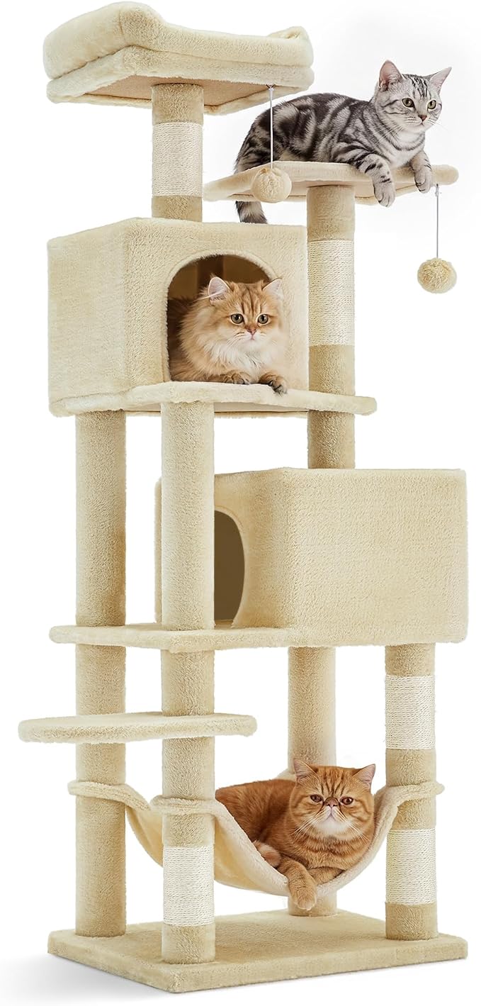 SONGMICS HOME Cat Tree for Indoor Cats, Multi-Level Cat Tower with Sisal Scratching Posts, Hammock and Condo, Beige