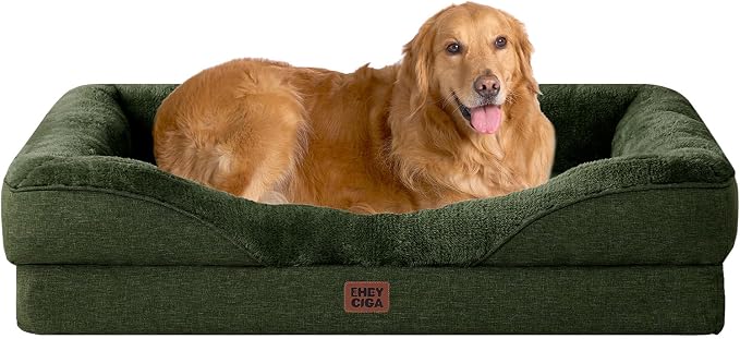 EHEYCIGA Orthopedic XL Dog Bed for Large Sized Dog, 42x30 Inch Extra Large Memory Foam Dog Couch Bed with Sides, Waterproof Liner & Washable Removable Cover, Dark Green