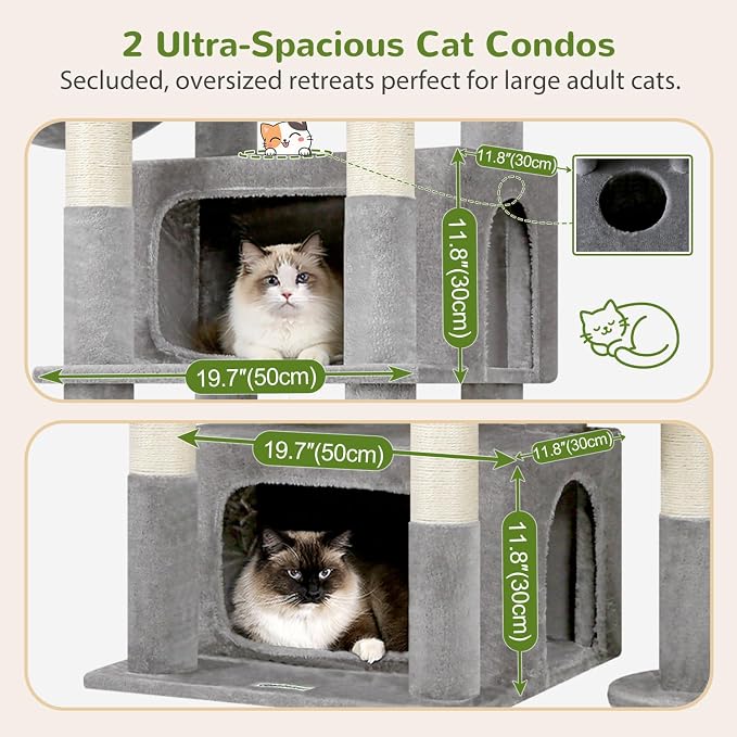 Globlazer 75in Sturdy Cat Tree Tower for Indoor Large Cat, S75, Light Grey | Multi-Level Heavy Duty Cat Tower with Scratching Post, Oversized Condos & Perches for Big Cats, Large Baskets, Enlarged Base