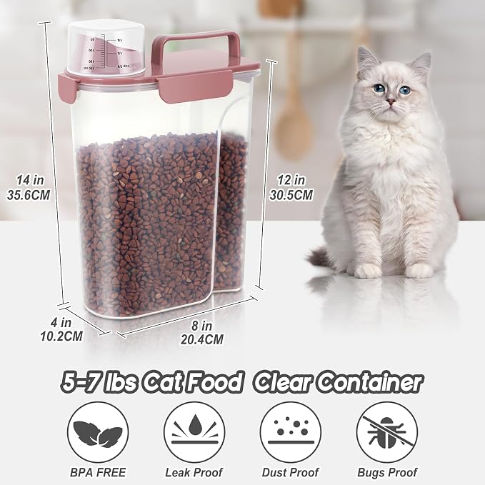 LEAWALK 5-7Lbs Airtight Pet Storage Container For Cat Dog Bird Food and Keep Fresh, Translucent Body, Upgraded Large Nozzle for Easy Pouring With Handle Design Easy to Carry When Going Out-Pink