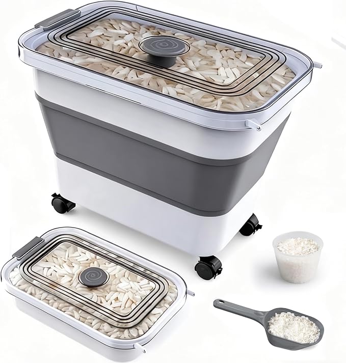 Rice Storage Container, Collapsible Airtight Food Storage Containers 20-30lbs with Clear Lid and Wheels, Rice Dispenser with Scoop for Flour Cereal Pasta Grain, Cat Pet Bird Dog Food Storage Container