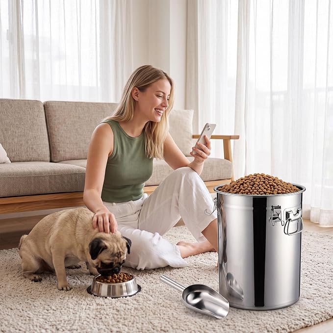 25 lb Stainless Steel Dog Food Storage Container | with Silicone Airtight Lid, Scoop. Easy to Clean Metal Pet Dog Cat Food Storage Container Keep Fresh