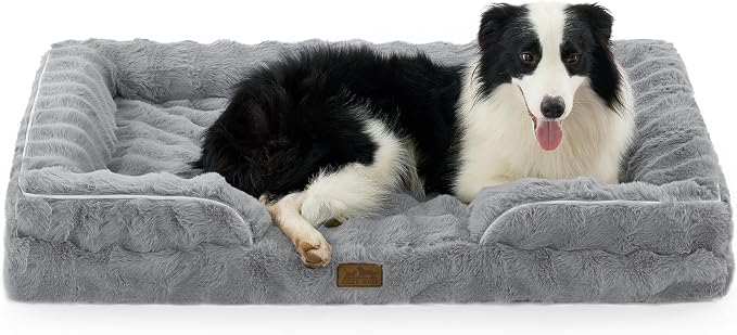 COZY KISS Orthopedic Dog Bed for Extra Large Dog 44x32 inch, XL Faux Fur Pet Sofa, Bolster Foam Bed with Sides, Non-Slip and Egg-Crate Big Dog Couch Bed with Washable Removable Cover, Grey