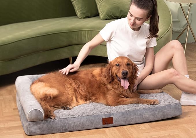 Orthopedic Dog Bed, Pet Sofa with Bolster for Extra Large Dogs | Egg Crate Foam, Removable Washable Cover, Waterproof Lining, Non-Slip Bottom, L-Shape, Cozy Plush, 42 x 30 Inch, Grey