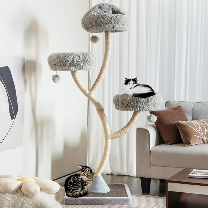 70" Tall Cat Tree, Cat Tower with Scratching Posts and Board, Multi-Level Cat Tower for Large Cats 20 lbs+ with 3 Cozy Perches and Dangling Balls, Modern Cat Tree for Indoor Cats Large Adult