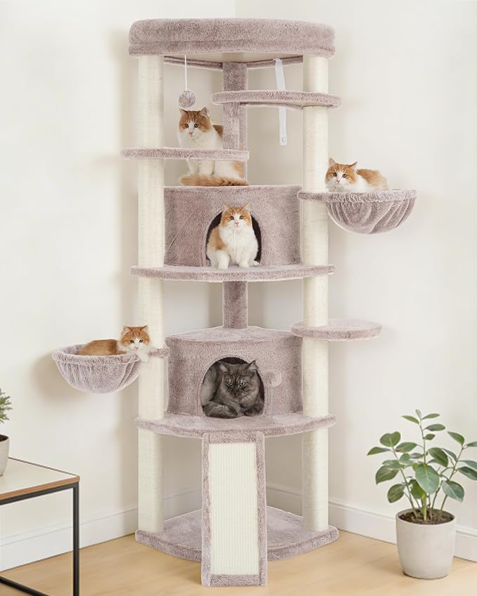 Corner Cat Tree, All Sisal Multi-Cat Scratching Posts GCT035MU | 63.8" Cat Tower for Indoor Cats with Cat Condo, 2 Large Cat Caves, Big Top Perch, 2 Hanging Baskets & Sisal Ramp, Muchroom