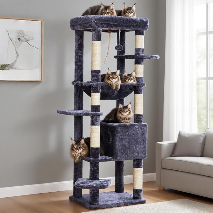 Heybly Cat Tree for Large Cats, 20lbs Heavy Duty, 60 inches HCT050G | Cat Tower for Indoor Cats with Big Padded Plush Perch, Multi-Level Furniture Condo with Cozy Basket, Smoky Gray