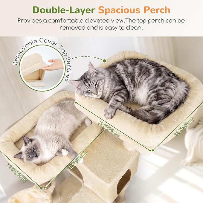 Globlazer Tall Cat Tree for Indoor Large Cats, 75 inch, F75C, Beige | Multi-Level Cat Tower, 2 Large Platforms, 2 Oversized Cat Condos, 5 Scratching Posts, Scratching Board, Removable Pet Bed