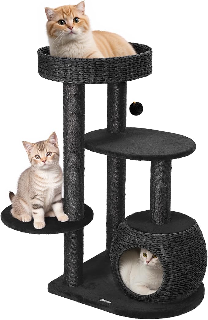 Black Cat Tree, 39" Tall Cat Tree Tower for Cats, Modern Cat Condo with Scratching Posts, Multi-Level Solid Wood Tower & Top Perch, Cat Furniture for Big Cats