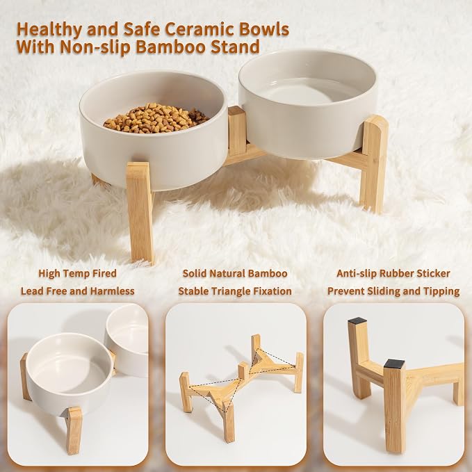 PTOBER Elevated Ceramic Dog Bowl Set - Double Feeding Bowls with Non-Slip Bamboo Stand - Raised Dog Dishes for Food and Water - Ideal for Small to Medium Breeds - 3.6 Cups