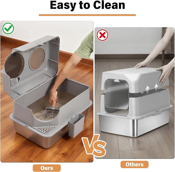 Stainless Steel Litter Box with Lid, XL Large Enclosed Cat Litter Box | Metal Cat Litter Box for Big Cats with High Sided,Anti-Leakage,Front & Top Entry,Includes Mat & Scoop
