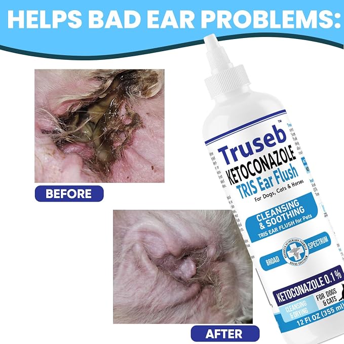 Truseb Cat & Dog Ear Infection Treatment Solution – Medicated Ketoconazole 1% TRIS with Trizmax EDTA (Tromethamine USP, Disodium Edta) – Soothes Itchy & Inflamed Ears, Cleans Debris and Buildup(12 oz)