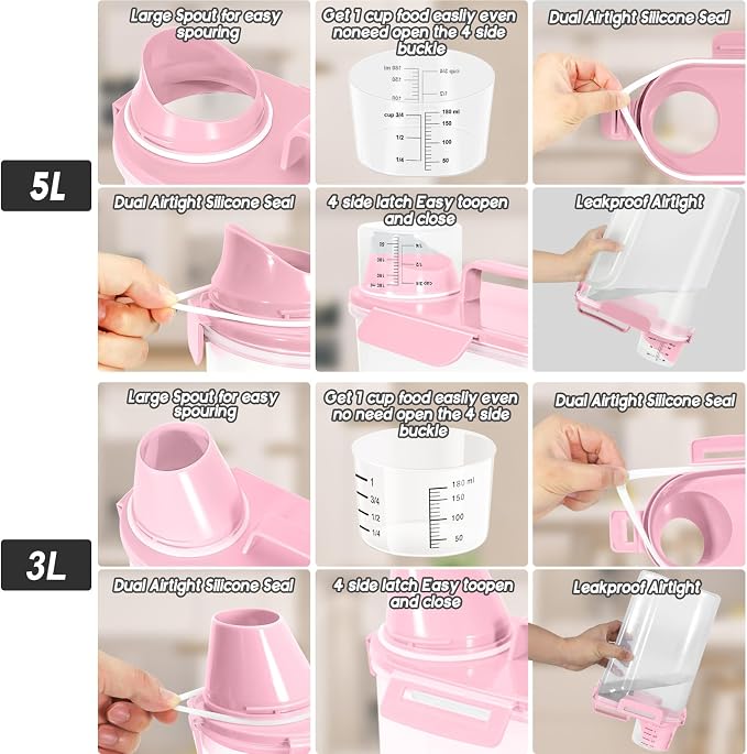 LEAWALK 8-12LBS Dog Food Storage Container, Upgraded Large Nozzle BPA-free, Plastic Pet Food Storage Containers With 4 Sealed Clasps, 1 Measuring Cup and Handle, Easy to Clean and Carry