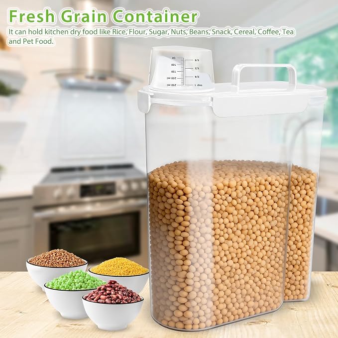Viretec Rice Storage Container, 15 to 20lb Dry Food Airtight Dispenser, Pet Dog Cat Food Canister, BPA Free Clear Plastic Kitchen and Pantry Organization Bin for Oatmeal, Cereal, Pasta, Flour White