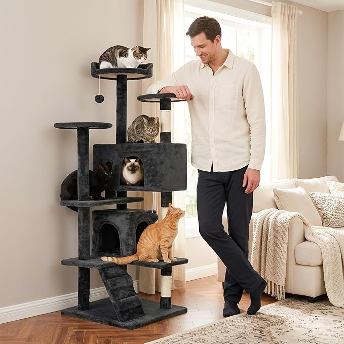 FDW | 54" Cat Tree Tower | Dark Gray | Multi-Level Indoor Activity Center | with Sisal Scratching Posts, Condos, Plush Perches, Hanging Cat Toys | Sturdy, Easy to Assemble | for Kittens & Adult Cats