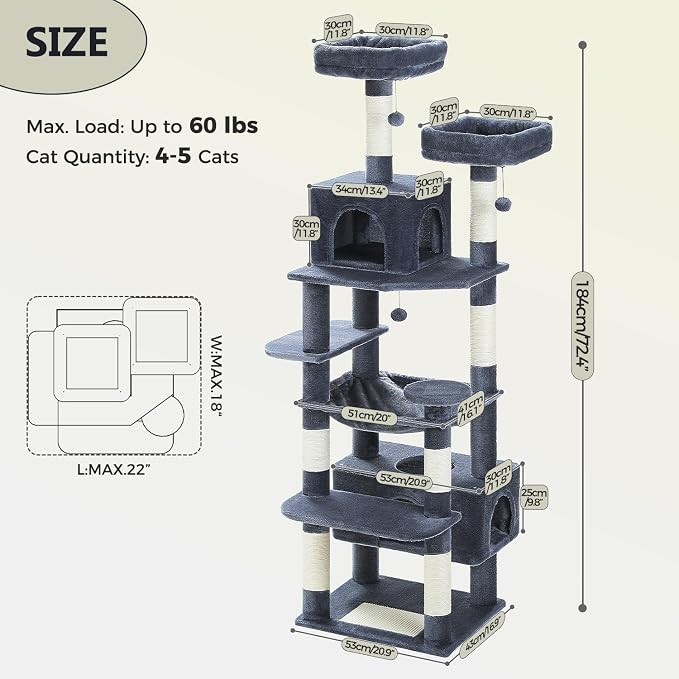 PAWZ Road 72" Cat Tree, Tall Cat Tower with Hammock& Condos for Large Cats | 20"x16" hammock for adult cats, cat tower with 7 scratching posts, dual top perch and large condo for big cats