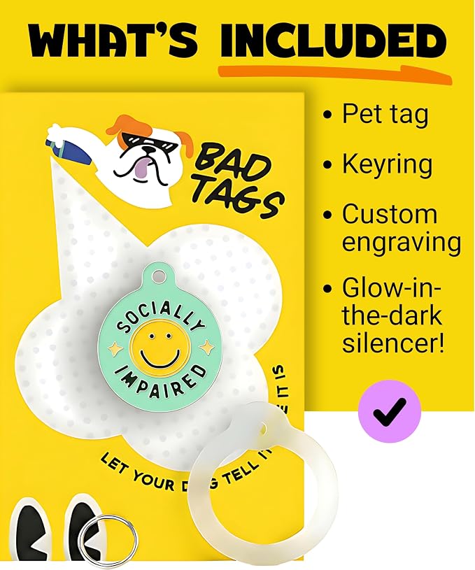 Bad Tags Personalized Dog and Cat ID Tags in 25+ Designs and 2 Sizes - 5 Lines of Custom Engraved Text - Funny Cute Personalized Pet Tags (Socially Impaired, Large (1.25 inch))