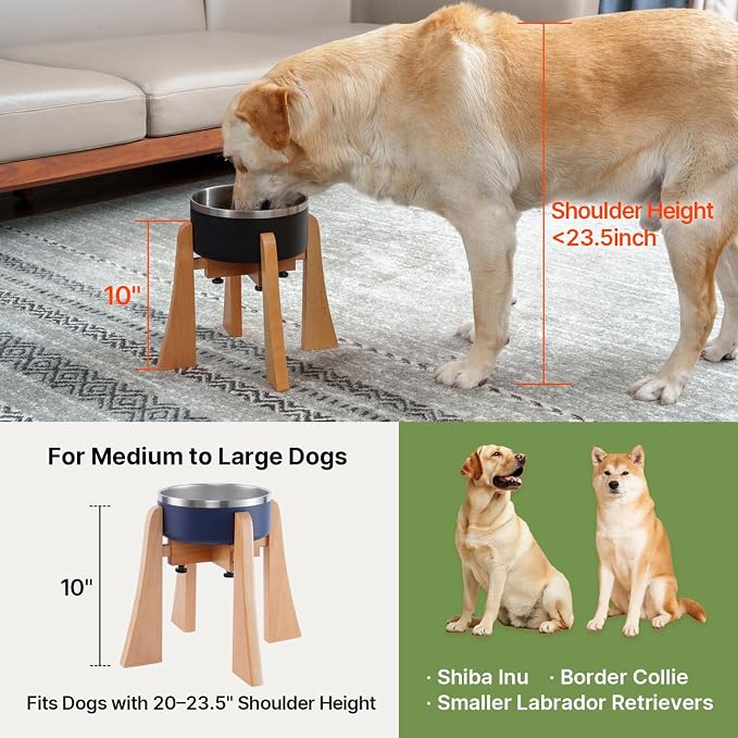 Solid Wood Elevated Dog Bowl Stand with Adjustable Width, 10-Inch Raised | Fits 6.3-7.8 Inch Dog Food & Water Bowls, Non-Slip Base, Ergonomic Design for Corgis, Beagles, Medium Breeds, Stand Only