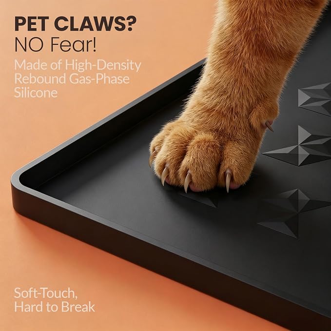 Silicone Pet Feeding Mat - 100% Waterproof Dog & Cat Bowl Pad with Raised Edges - Protects Floors from Messy Eaters & Spills - Anti-Slip, 100% PET-SAFE, Dishwasher Safe (22"x14"x0.4", Black)