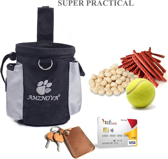 AMZNOVA Dog Treat Pouch Treatnow Dog Treat Bag, 3 Cups, Black | Training Pouch with Waist Belt & Clicker for Training & Walking, Waist Clip On Snack Fanny Pack for Pet