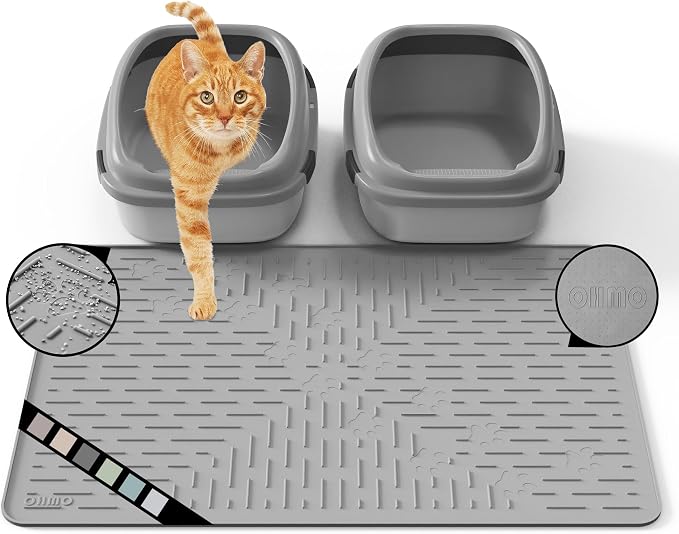 OHMO Large Cat Litter Mat, 31.5x23.6 Silicone Trapping Mat Grey | for Kitty Litter Box, Easy Clean, BPA Free Rubber, Center Litter Collection, Easy Pour-Back, Waterproof, Odor-Resistant