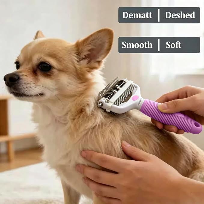3-IN-1 Pet Grooming Brush, Undercoat Rake, Dematting Comb & Deshedding Tool | Pink Shedding Control Tool for Long Haired Dogs and Cats, Tangles & Loose Fur, Reduces Shedding & Prevents Hair Mess Removal