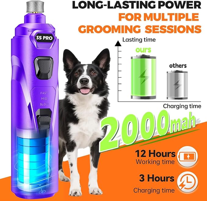 Whisper Quiet Dog Nail Grinder Safe & Stress-Free for Sensitive Dogs Cats | 4 LED Lights,3 Grinding Bits, 3-Speed, Pet Nail Trimmers, Rechargeable Painless Grooming Kit for All Breeds & Sizes