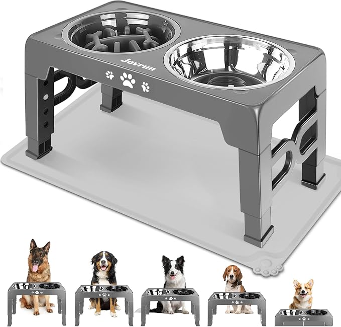 Jovrun Elevated Dog Bowls for Medium Large Dogs with Mat, Non-Slip Dog Feeder with 1*Stainless Steel Dishes & 1*Slow Feeder Bowl, 5 Heights Adjustable Raised Bowls for 3.15″-8.66″-9.84″-11.02″-12.2″