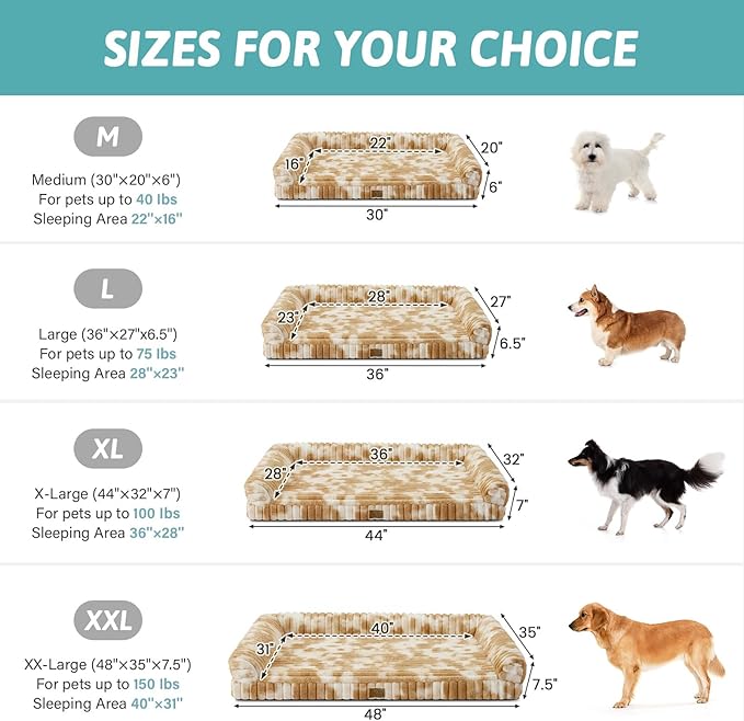 COZY KISS Ultra Soft Faux Rabbit Fur Dog Bed for Medium Dogs – 36"x27" Orthopedic Foam Couch, Removable Washable Cover & Waterproof Lining, Tie-Dye Brown