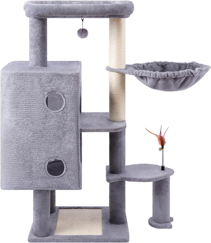 HUITREE 45in Cat Tree Tower with Big Condo for Indoor Cats,Cat Tower with Scratching Post,Scratching Board and Cat Toys,Multi-Level,Small Space,Transformer Cat Tree (336G)