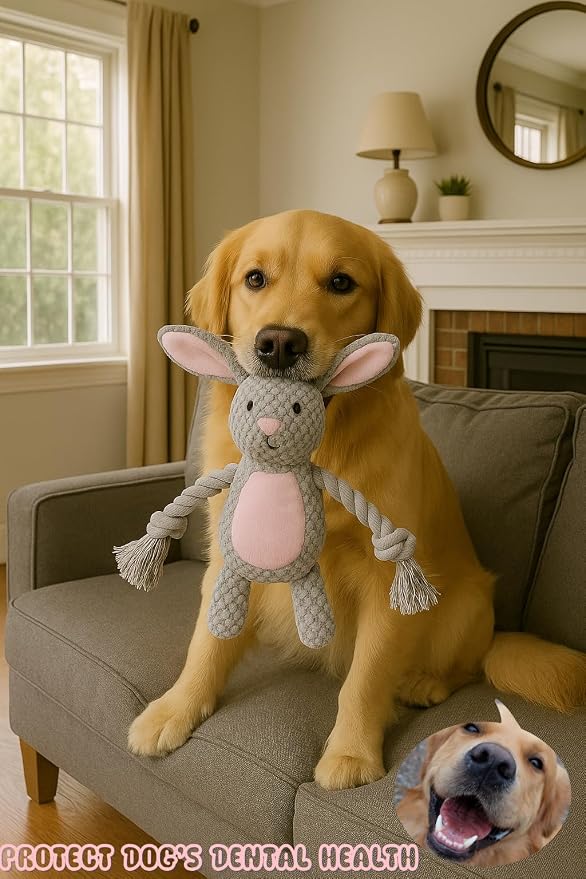 Bunny Dog Toy with Rope Arms – Squeaky Plush Rabbit for Small & Medium Dogs, Soft Chew & Tug Toy for Interactive Play, Easter Puppy Toy Gift
